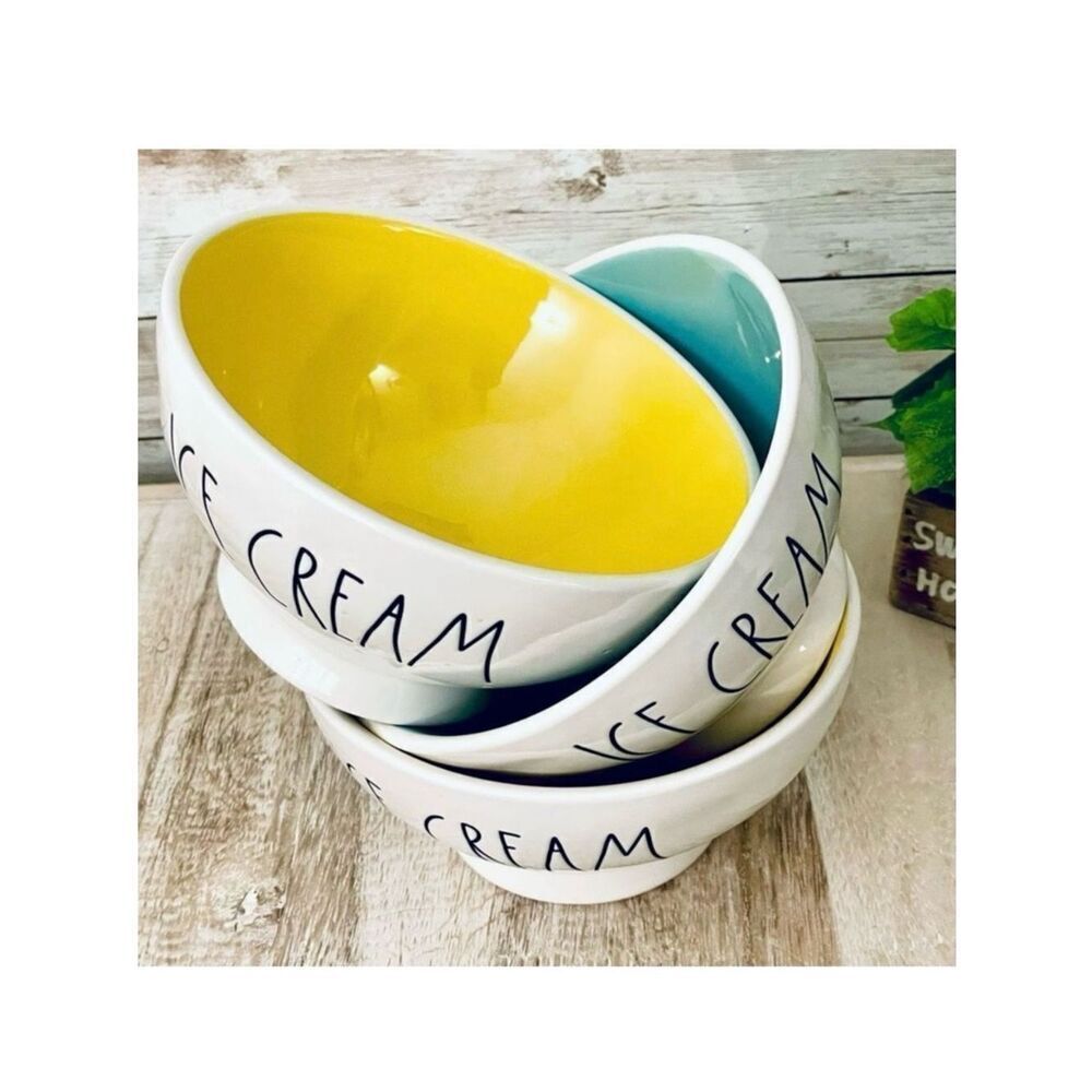 NWT Gorgeous 3 Pieces Rae Dunn ICE CREAM Dish Bowls Set White 2 Yellow & 1 Blue